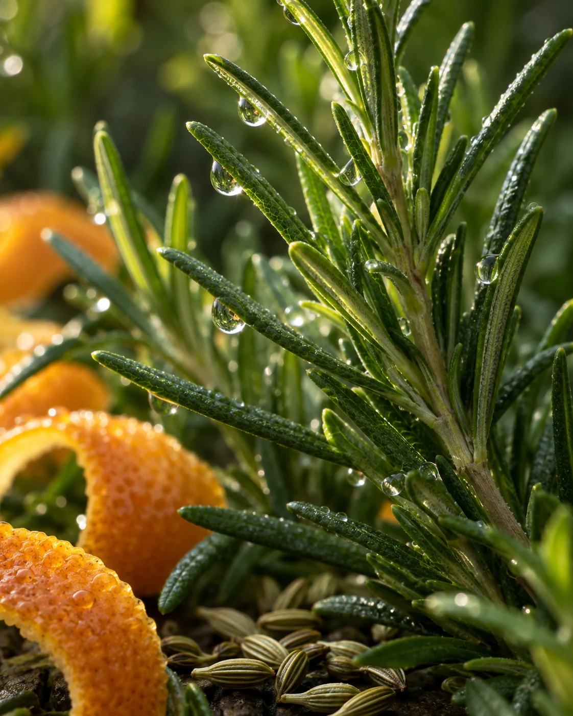Biberiye, narenciye kabuğu ve aromatik bitki tohumlarının yakın planı