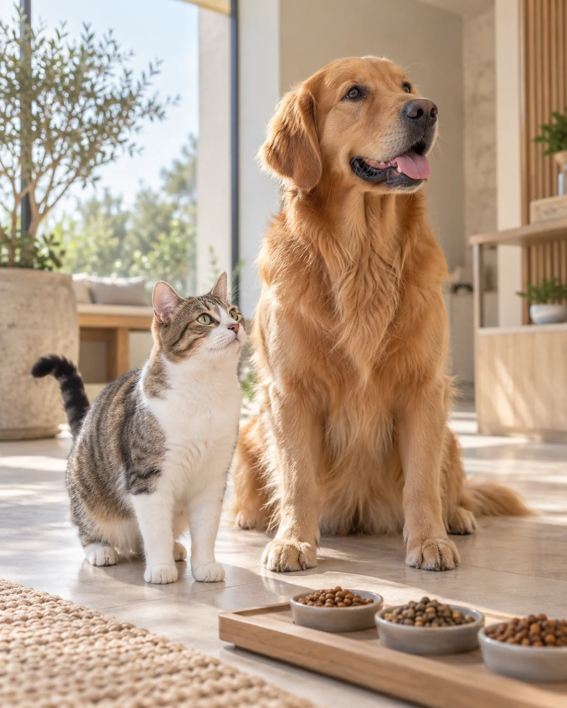 Pet beslenmesi i&ccedil;in mama &ouml;rneklerinin yanında golden retriever ve tekir kedi