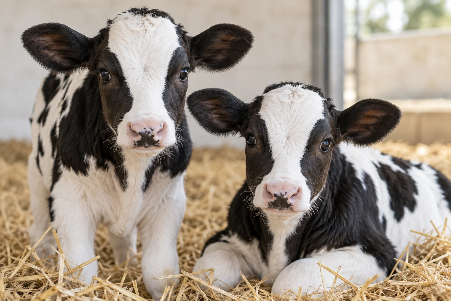 Buzağı beslenmesini temsil eden iki Holstein buzağı